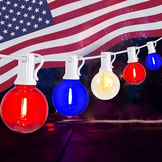 25Ft Independence Day LED String Lights, Waterproof Patio Light with 25 G40 LED Clear/Red/Blue Bulbs, Connectable Hanging Independence Day String Lights for Indoor Outdoor Garden Backyard Porch