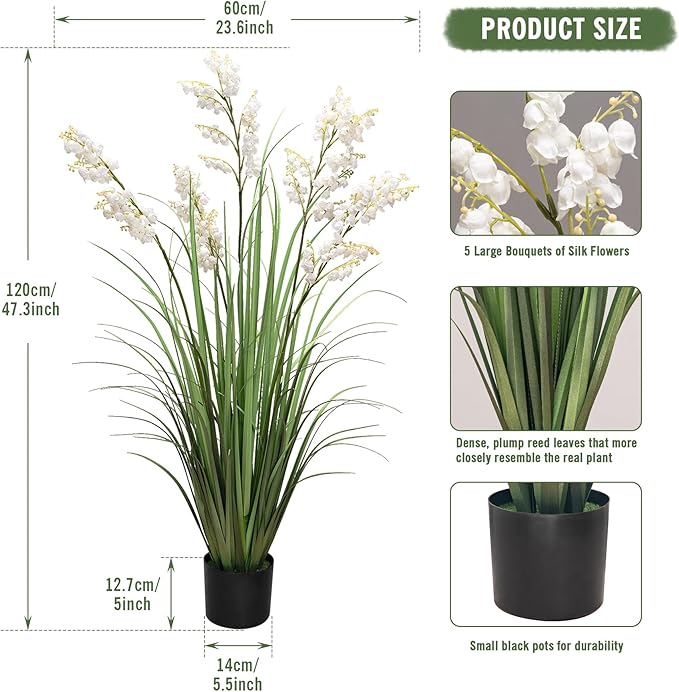 Artificial Tall Grass Plants with Pots 47“ 1 Pack Lily of The Valley Artificial Grass Home Interior Decorating and Outdoor Garden Decorations（White）