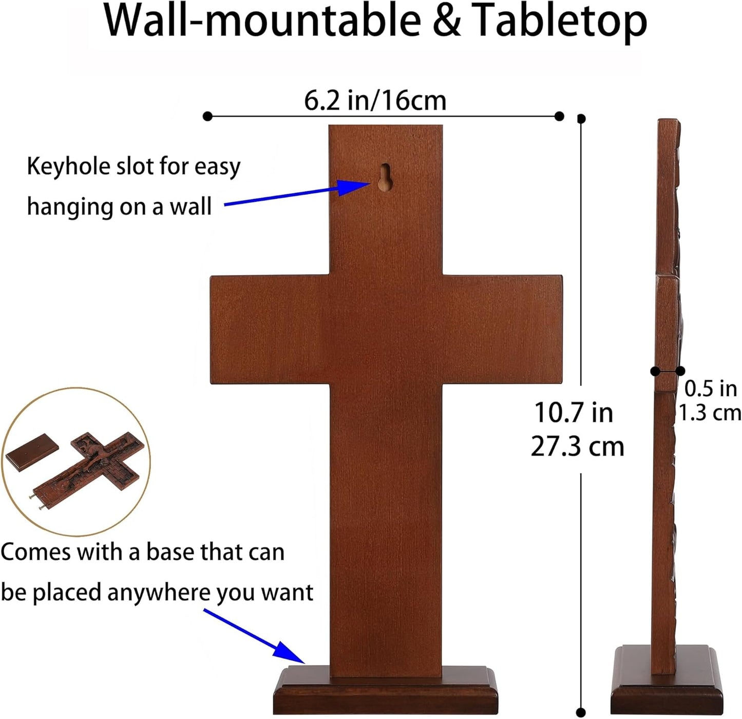 Crucifix Wall Cross for Home Decor, Handmade Religious Wood Cross for Hanging Wall Or Table, Catholic Christian Gifts for Church Home Room Christmas Décor with Blessed, Symbol of Redemption, 10 in