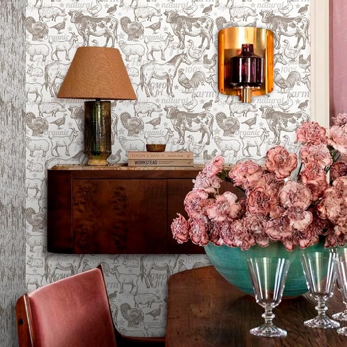 Boho Rustic Farm Animals Cow Rooster Horse Turkey Peel and Stick Wallpaper Self Adhesive Removable Easy Peel Off Stick on Wall Paper for Bedroom Cabinet Renter