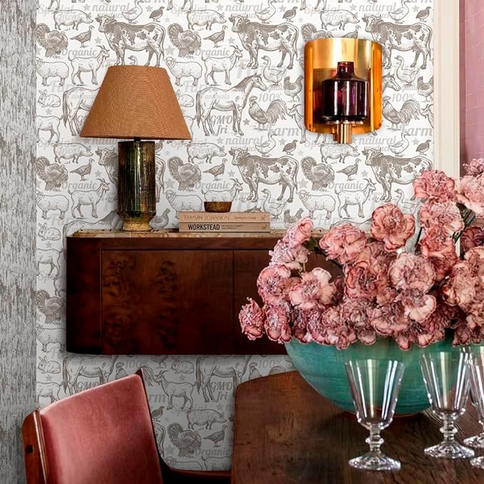 Boho Rustic Farm Animals Cow Rooster Horse Turkey Peel and Stick Wallpaper Self Adhesive Removable Easy Peel Off Stick on Wall Paper for Bedroom Cabinet Renter