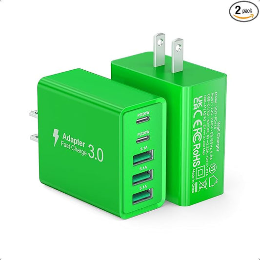 USB C Wall Charger, 50W USB C Charger Block 5-Port PD Fast Charging Blocks,USB A Multiport Plug Brick Cube,Dual Type C Power Adapter for iPhone 16/15/14/13/Pro,iPad,Samsung,for Switch（Green 2-Pack）