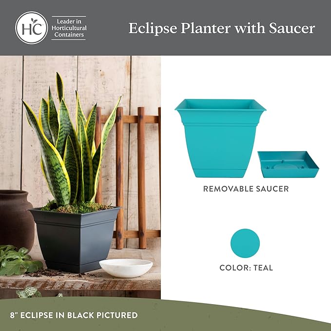 The HC Companies 10 Inch Eclipse Square Planter with Saucer – Indoor Outdoor Plant Pot for Flowers Vegetables Herbs, Teal