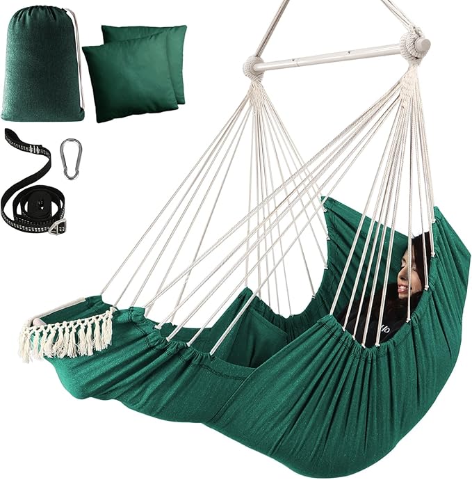 Chihee Hammock Chair Hanging Chair with Foot Rest 2 Cushions Max 500lbs Robust Metal Spreader Bar Collapsible Easy Storage Soft Cotton Swing Chair Strong Strap Iron Carabiner Side Pocket Included