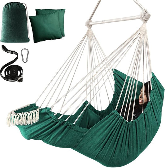 Chihee Hammock Chair Hanging Chair with Foot Rest 2 Cushions Max 500lbs Robust Metal Spreader Bar Collapsible Easy Storage Soft Cotton Swing Chair Strong Strap Iron Carabiner Side Pocket Included
