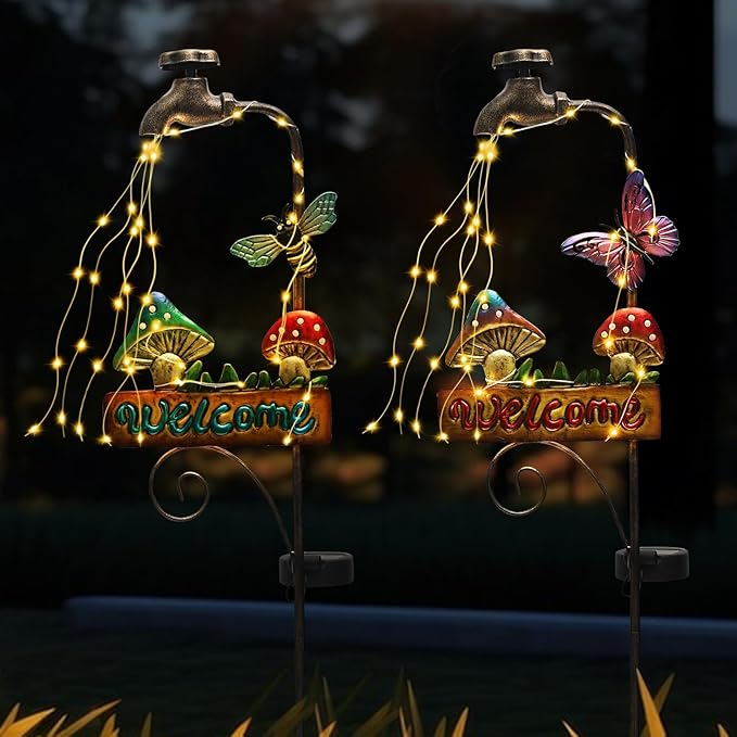 2 Pack 'Welcome' Mushroom & Butterfly Solar Yard Lights - Outdoor Solar Lights for Yard Decorative, Garden Decor Lawn Ornaments, Unique Decorative Garden Stakes for Pathways