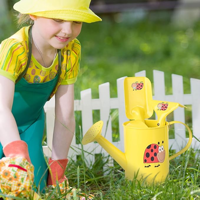 Sungmor Kids Gardening Tools Set Cute Little Gardener Kit | Package Includes 3PC Yellow Ladybird Watering Can & Trowel & Rake Gardening Hand Tools | Perfect for Garden,Yard or Beach