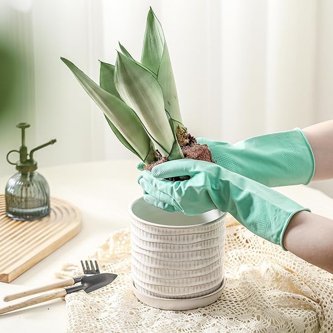 5.8 Inch Plant Pot: Ceramic Planter with Drainage Hole & Saucer - Cream White Flowerpot for Indoor & Outdoor Plants - with Separate Tray for Home & Office - Wave Embossed Design