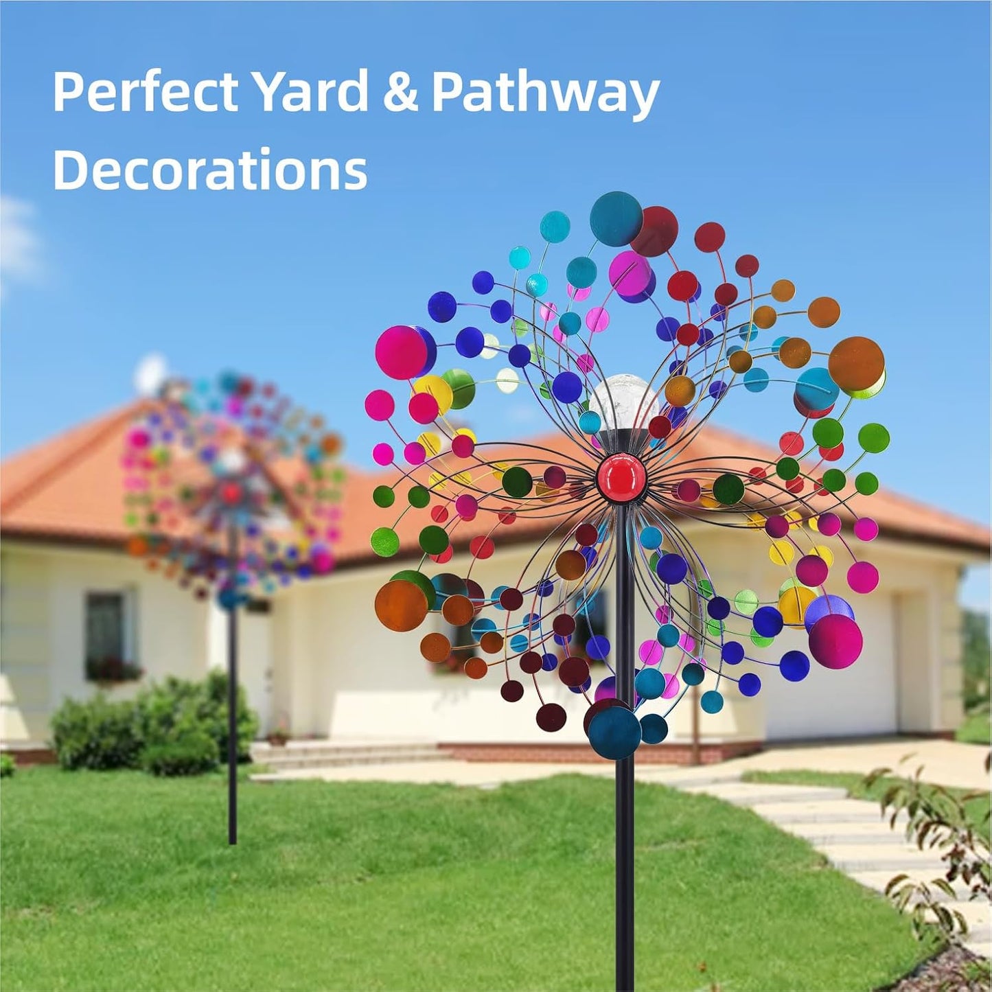 Outdoor Wind Spinner with Garden Stake 88.58" Metal Two-Way Wind Sculptures Solar Color Changing Lights Large Windmills for Garden,Patio,Yard,Lawn Decor Gifts Round