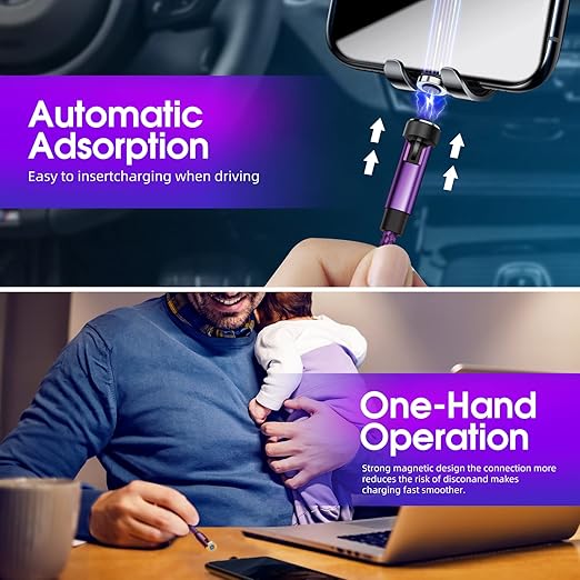 Magnetic Charging Cable 540° Rotating Magnetic Phone Charger [6-Pack, 3ft/3ft/3ft/6ft/6ft/10ft] 3 in 1 Magnetic Charger Cable Nylon Braided Magnetic USB Cable for i-P/Micro USB/Type C Device-Purple