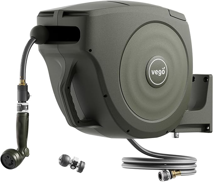 Vego Garden Hose Reel Retractable Hi-Flow x 100ft Wall Mounted Hose Reel Automatic Rewind, Any Length Lock with 9 Patterns Sprayer Nozzle, Quick Connector and Adjustable shot Nozzle-Seaweed Green