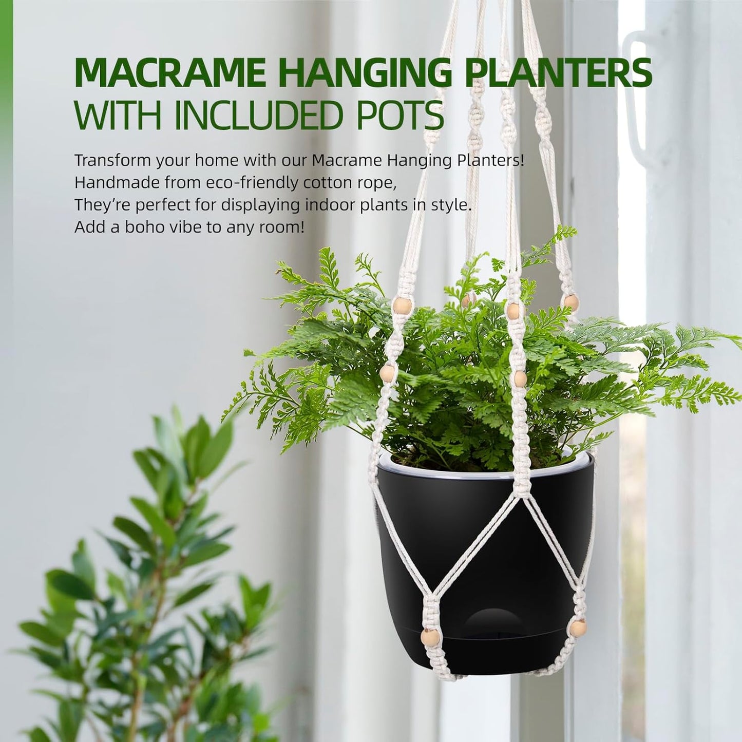 2-Pack 5.7-Inch Self-Watering Hanging Planters for Indoor & Outdoor Plants,34Inch Macrame Hanger Plant Pots Indoor with Drainage,Small Hanging Planters & Baskets,With Two Sets of Hooks（Pure black）