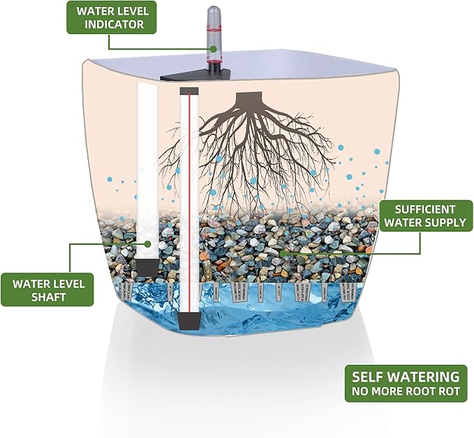 Dexceder 15x14 Self Watering Planter with Wheels Indoor Outdoor, Inner Mat Design, Thickened Large Floor Standing Flower Plant Pot with Water Level Indicator (White Matte)