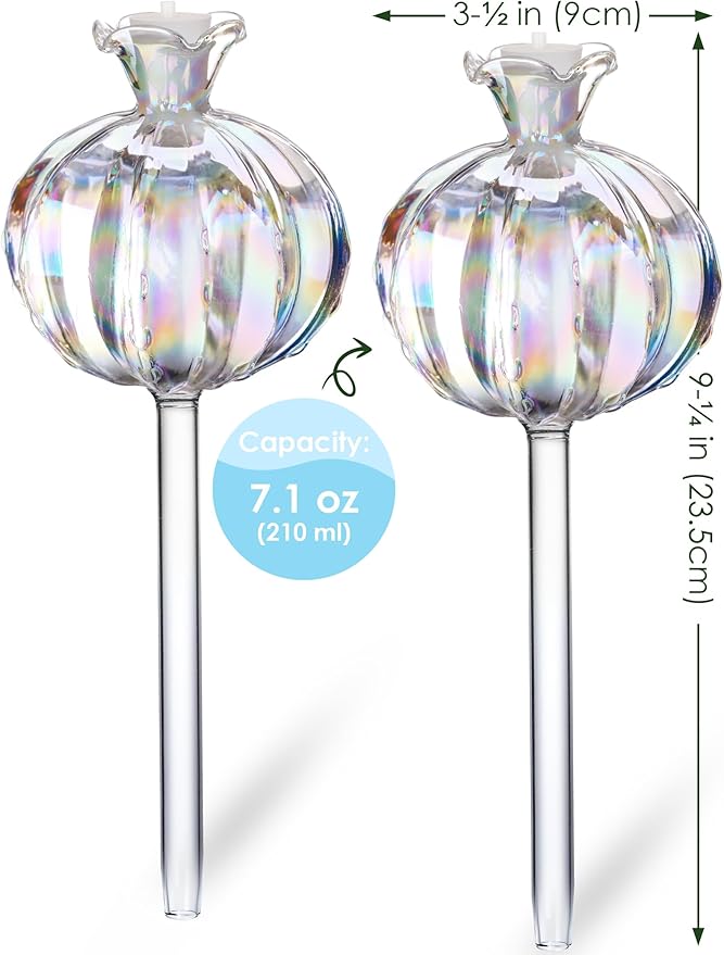 NiHome Iridescent Glass Cactus Plant Self-Watering Stakes (2 Large)
