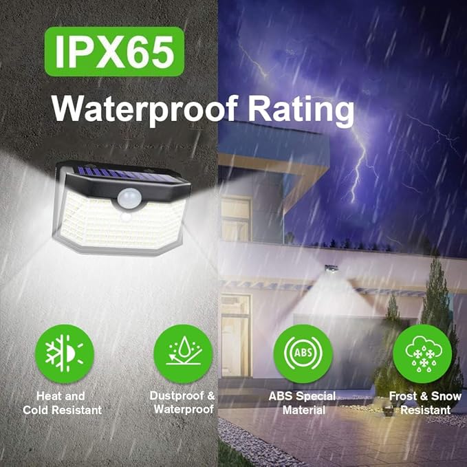 HMCITY 120 LED Outdoor Solar Lights with Motion Sensor and 3 Lighting Modes, IP65 Waterproof Wide Solar Wall Lights Ideal for Garden Patio Yard (Front Button 2Packs, Daylight White)