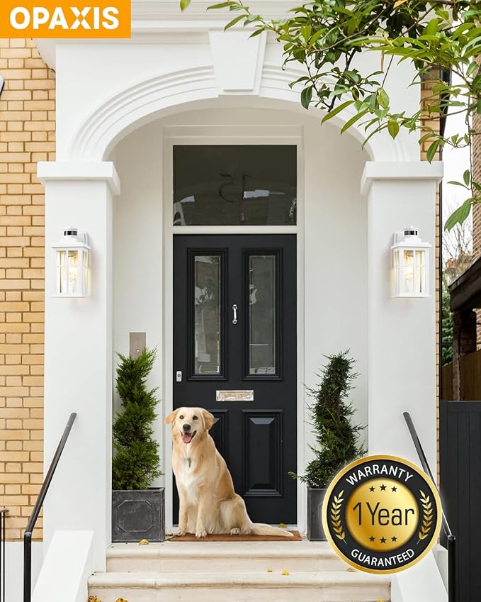 White Outdoor Wall Lights, Motion Sensor Porch Light Outdoor, Dusk to Dawn Outdoor Light Fixtures, Waterproof Outside Lights for House, Garden, Front Porch, Tempered Glass, Anti-Rust