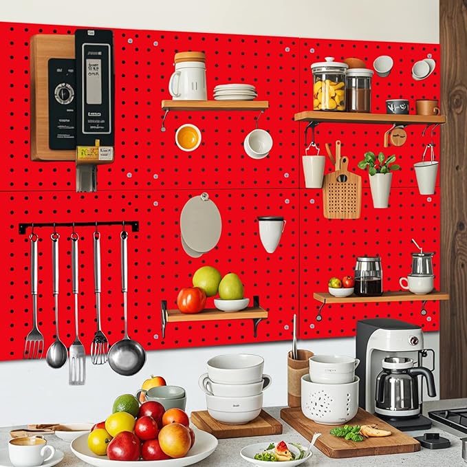 6 Pack Steel Peg Board,Universal 1/8 and 1/4 Pegboard Accessories,Ideal for Garage Tool Storage, Office Organization, Craft Room, Kitchen etc. (Red, 6-12X12)