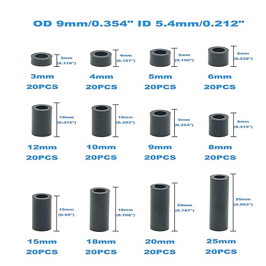 OD 9mm(0.354") ID 5.4mm(0.212") Plastic Unthreaded Spacers Assortment Kit;Wall Plate spacers for M5 Screws;Clearance Spacers;Round Spacers;3mm to 25 mm Lengths (Black)