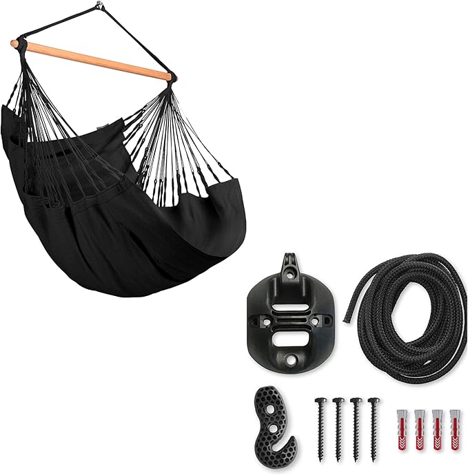 LA SIESTA® - Large Comfort Habana Cotton Hammock Chair & CasaMount - Hanging Chair w/Suspension Kit for Walls Ceilings & Square Beams - Indoor Outdoor Swing Hanging Chair Bedroom Balcony - Onyx