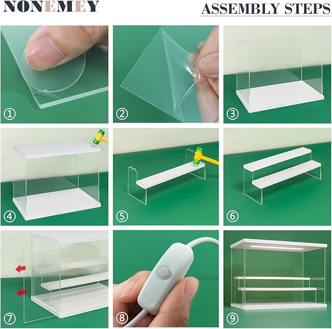 NONEMEY Clear Acrylic Display Case Stand with Led Light 2/3/4/5/6 Tier Storage Box Showcase Dustproof Organizer Box for Collectibles (White 3Tier 12.4*7*9inch)