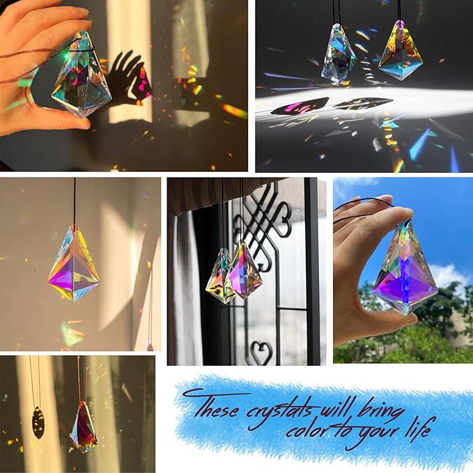 2PCS 5" Large Crystal Sun Catcher Prisms, STINO Hanging Suncatchers with Glass Prism, Rainbow Maker for Windows, Balcony, Kitchen, Garden Decoration (1, Chunky Cone 2Pcs)
