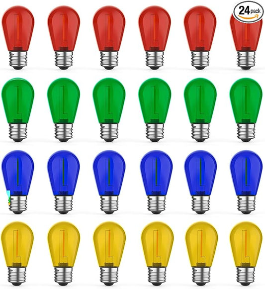24 Pack S14 Colored LED String Light Bulbs, 1W Plastic Shatterproof Replacement Bulbs for Outdoor Patio Backyard Lights, E26 Medium Base, Warm White 2200K, Dimmable, Red/Green/Blue/Orange