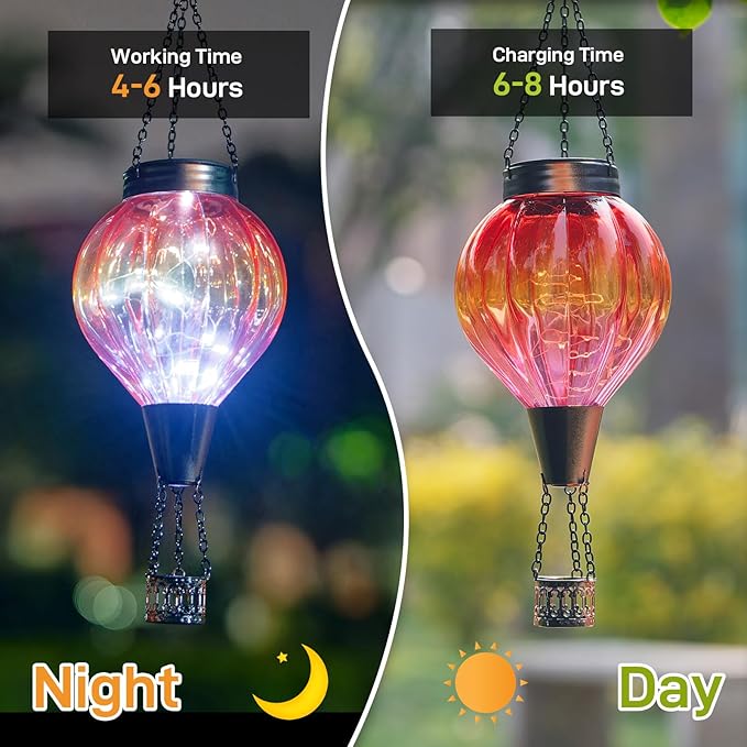 2PC Hot Air Balloon Solar Lantern Outdoor Waterproof, Gradient Orange Glass Balloon Lantern Lights, Hanging Solar Lights for Outside Patio Garden Tree Porch Yard Gift for Women Mom