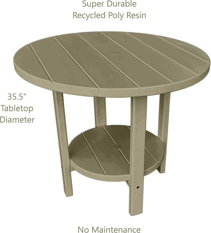 Phat Tommy Round Poly Resin Outdoor Patio Dining Table, All Weather Poly Patio Outdoor Furniture, Weatherwood