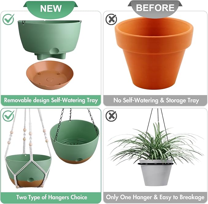 Set of 2-10 Inch Hanging Planters for Indoor Plants with Self-Watering Includes Hanging Pots for Plants, Outdoor Hanging Plant Pot with Drainage, and 2 Types of Hanging Baskets Hangers (Green, 10inch)