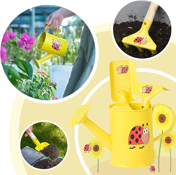 Sungmor Kids Gardening Tools Set Cute Little Gardener Kit | Package Includes 3PC Yellow Ladybird Watering Can & Trowel & Rake Gardening Hand Tools | Perfect for Garden,Yard or Beach