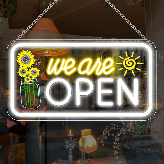Neon We are Open Signs for Business, 16.5x9'' Open Sign with Printed Flower and Sun, with ON/OFF Switch & Adapter, Daylight White, Ideal for Window, Party, Wall, Bars, Coffee Shops, Salons, Clubs, Hotels