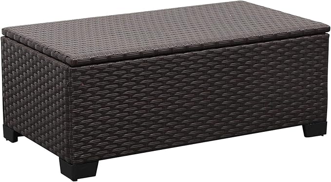 Rattaner Outdoor Storage Table Wicker Patio Coffee Table All-Weather Wicker Side Table with Waterproof Cover, Brown