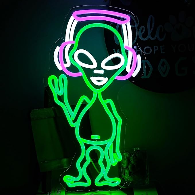 Alien Neon Sign for Wall Decor - Green Music Neon Light Dimmable Cool LED Light Up Sign for Music Studio, Game Room, Party, Bar, Man Cave Decoration