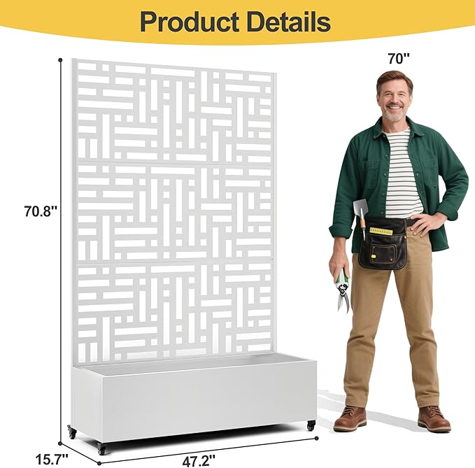 Raised Garden Bed with Trellis and Wheels,73"x47"x16" Metal Raised Garden Bed,White Modern Metal Planter with Climbing Trellis for Vines & Vegetables