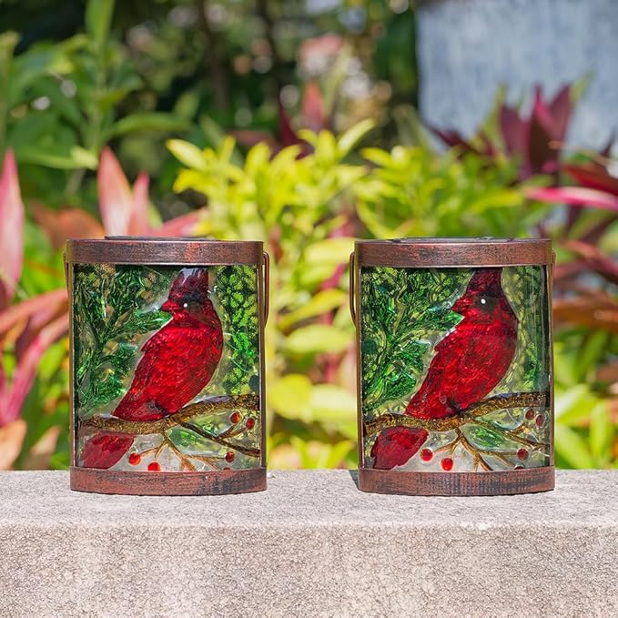 2 Pack Cardinal Solar Lanterns Outdoor Waterproof LED Light Hanging Solar Lantern Glass Tabletop Lamp for Patio Garden
