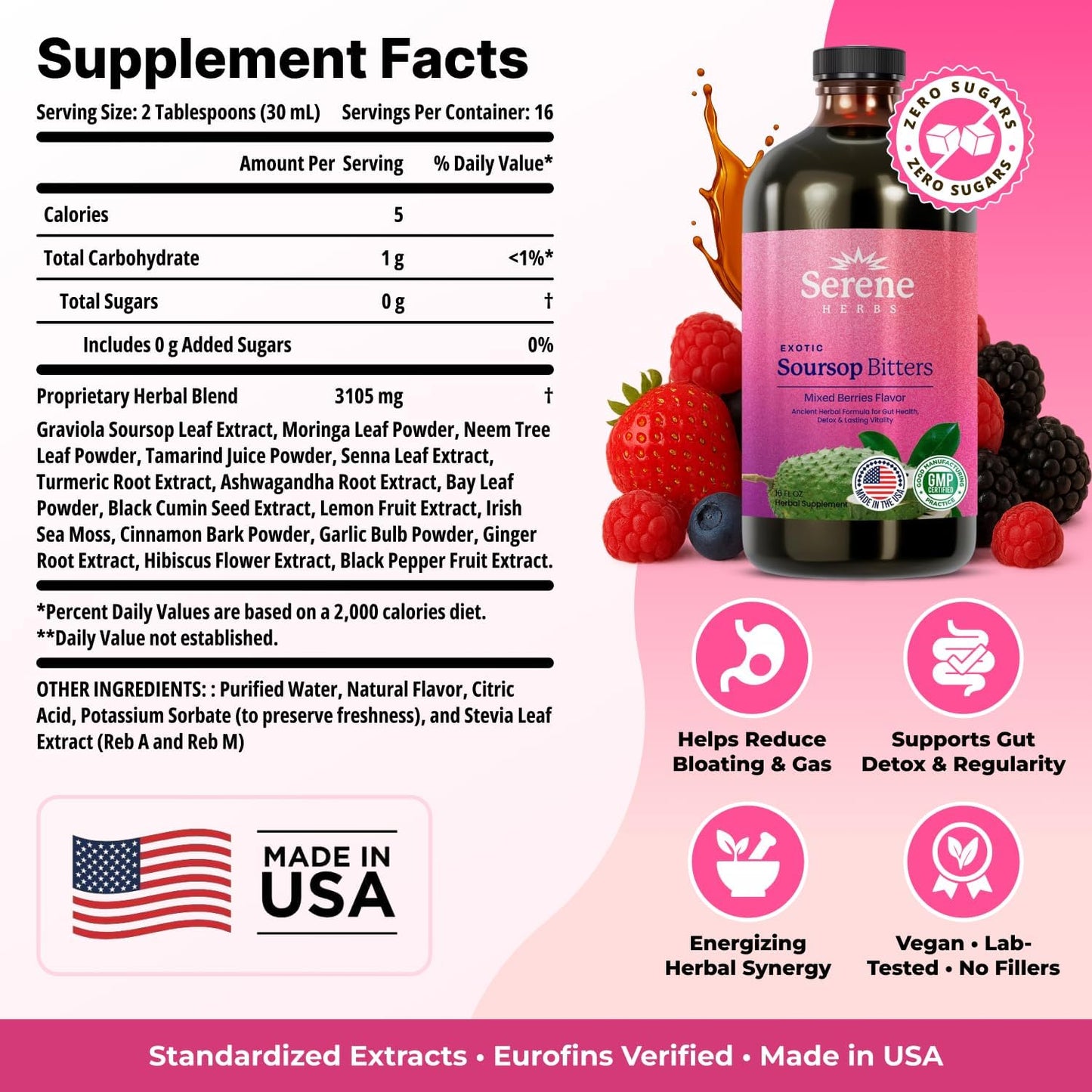 Serene Herbs Soursop Bitters Liquid - Organic Herbal Sour Sop Guanabana with Black Seed, Moringa, Irish Moss & Ginger – Gut Support, Energy & Immune Boost – Vegan, Non-GMO – Mixed Berry Flavor – 16 oz