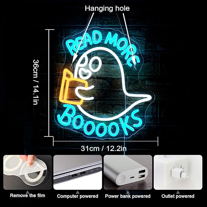 Read More Booooks Neon Sign Read More Books Neon Signs for Wall Decor Dimmable Book Neon Lights Classroom LED Light Up Boo Sign for Bedroom Bookstore Reading Room Library Study Room Decoration
