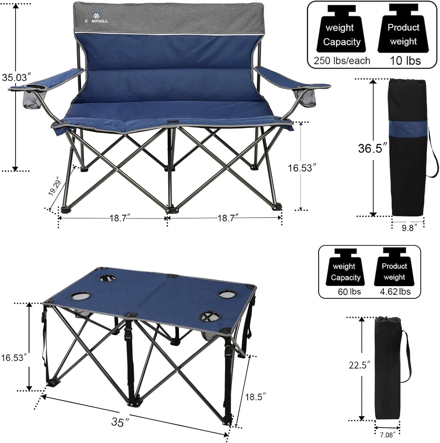 CAMPHILL Camping Chair Set of 3, Outdoor Folding Camping Chairs for Heavy People with Cup Holder & Carry Bag,Collapsible Chair Include One Sofa Chair and Two Single Chair,Support up to 500lbs