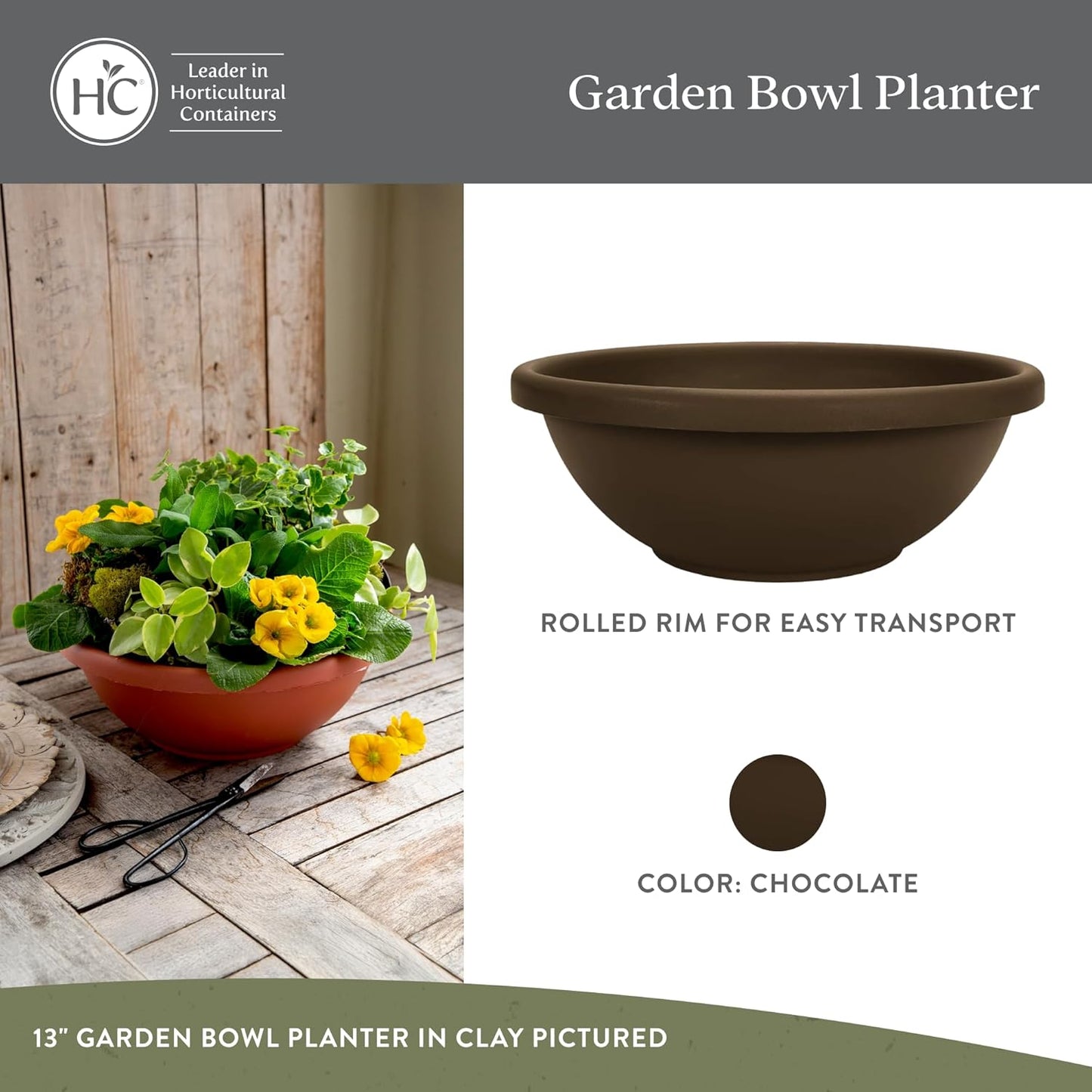 The HC Companies Shallow Planter with Drainage - Contemporary Garden Bowl Planter for Flowers, Herbs & More - Round Succulent Planter Pot for Indoors and Outdoors (13" Chocolate, Pack of 2)