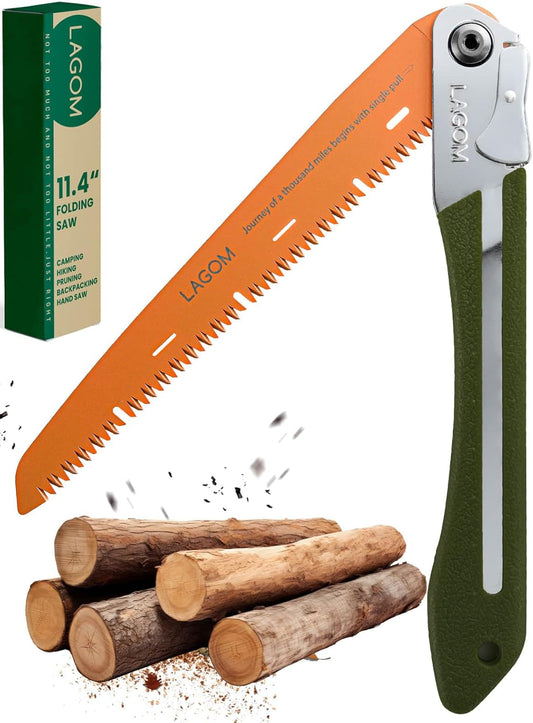 LAGOM Folding Camp Saw for Cutting Branches, 11.4" Straight Blade | SK5 Steel, Ergonomic Handle, One-Hand Use, Secure Lock | Foldable Pruning Tool for Camping, Gardening, Survival, Kayaking, Outdoors