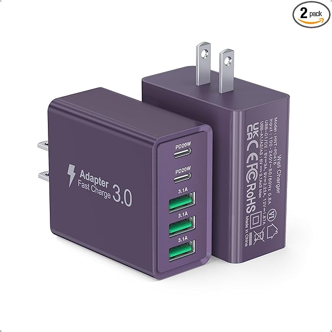 [2-Pack] USB C Wall Charger, 50W Charger Block 5-Port PD Fast Charging Blocks,Multiport 2USB C+3USB A Plug,Type C Power Adapter Brick Cube for iPhone 16/15/14/13/Pro,Samsung,for Switch（Purple）