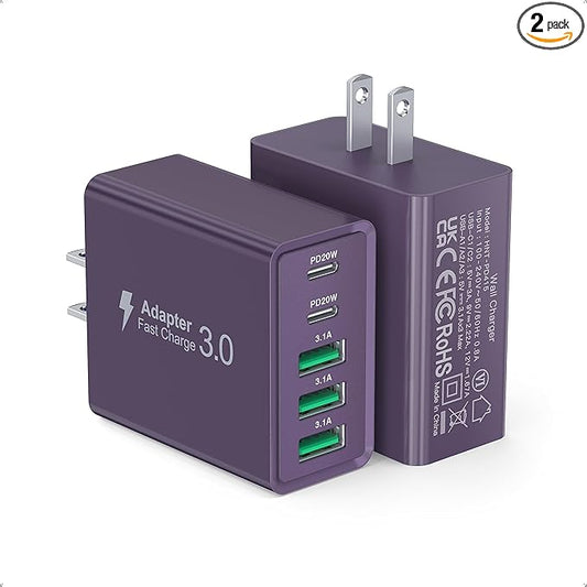 [2-Pack] USB C Wall Charger, 50W Charger Block 5-Port PD Fast Charging Blocks,Multiport 2USB C+3USB A Plug,Type C Power Adapter Brick Cube for iPhone 16/15/14/13/Pro,Samsung,for Switch（Purple）