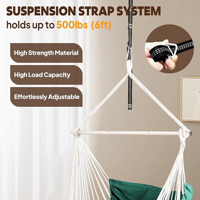 Chihee Hammock Chair Hanging Chair with Foot Rest 2 Cushions Max 500lbs Robust Metal Spreader Bar Collapsible Easy Storage Soft Cotton Swing Chair Strong Strap Iron Carabiner Side Pocket Included