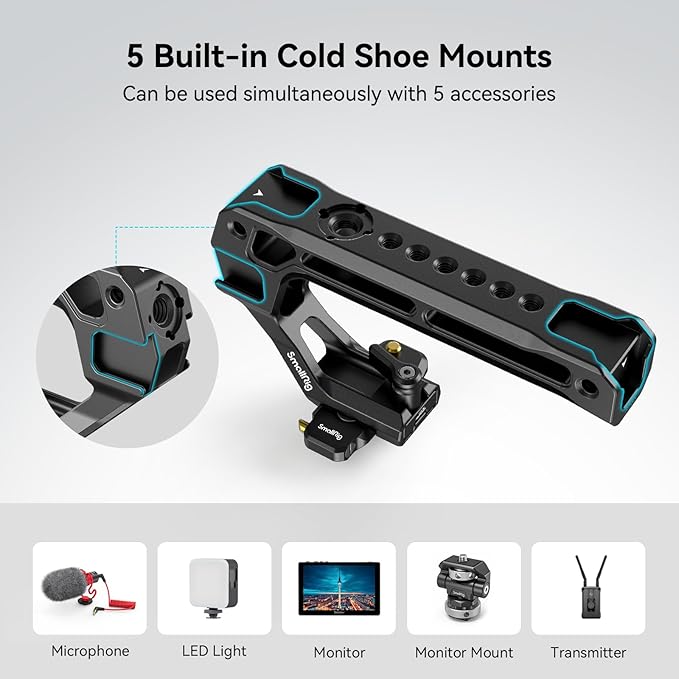 SMALLRIG Lightweight NATO Top Handle, Quick Release NATO Grip w/NATO Rail for DSLR Camera Cage, Universal Top Handle with 5 Cold Shoe Adapters - 4345