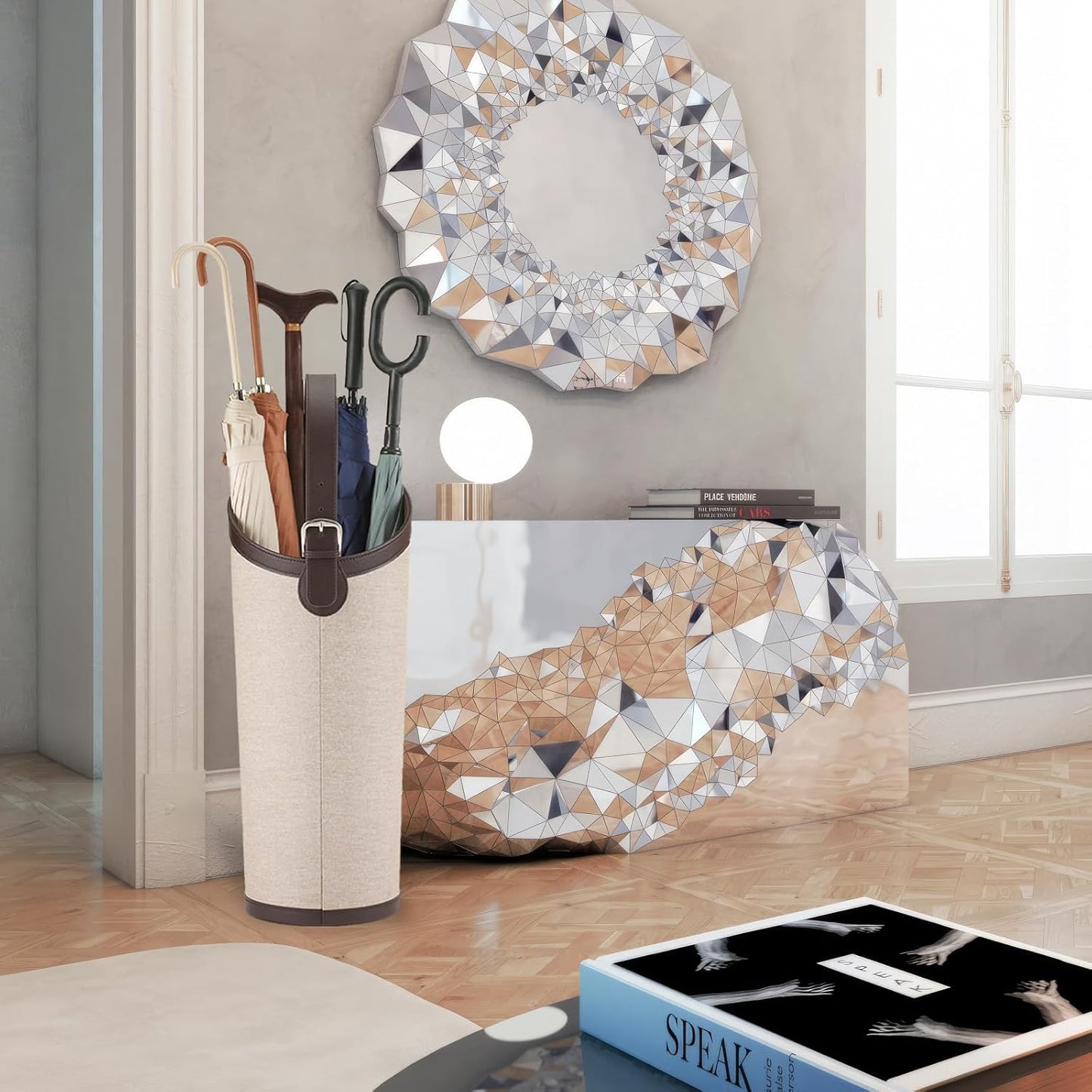 Artificial Leather Umbrella Holder Rack Hallyway Cane Stand for Entryway Large Capacity Can Storage 10 Umbrella Mid-Century Modern Stylish Umbrella Storage with Removable Drip Water Tray