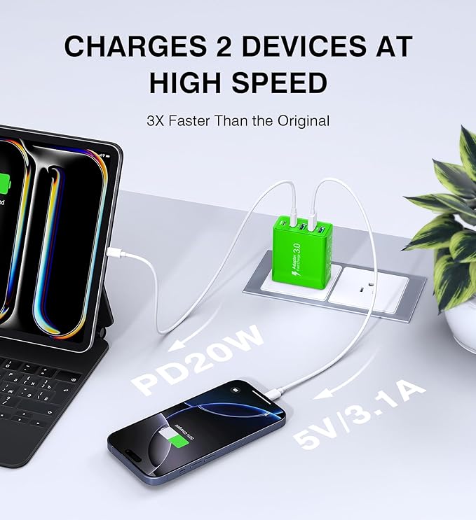 USB C Wall Charger, 50W USB C Charger Block 5-Port PD Fast Charging Blocks,USB A Multiport Plug Brick Cube,Dual Type C Power Adapter for iPhone 16/15/14/13/Pro,iPad,Samsung,for Switch（Green 2-Pack）