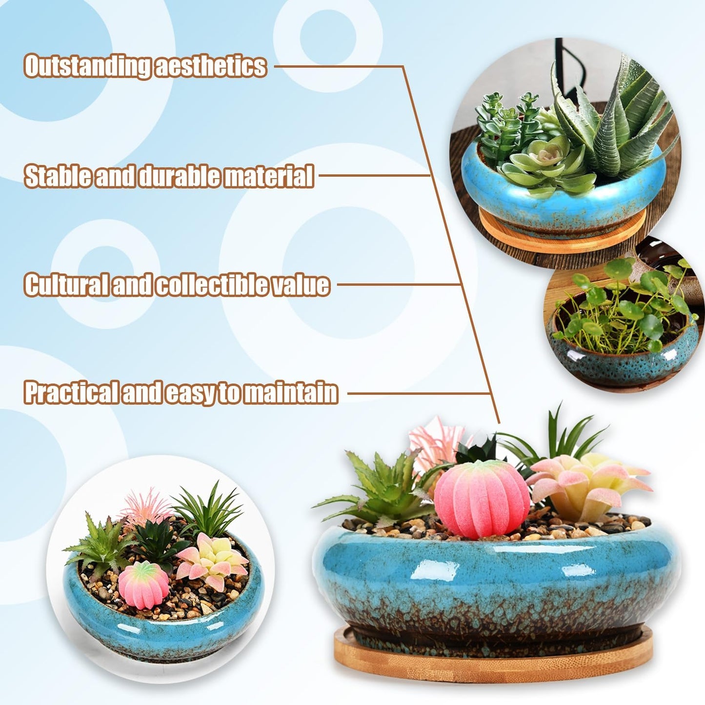 Ceramic Lotus Bowl Planter with Bamboo Stand,Lotus Flower Bowl for Water Plants,Water Lily Pot,Hydroponic Bowl Planter,Garden Decorative Flower Container for Bonsai/Succulents/Cactus(Sapphire Blue)