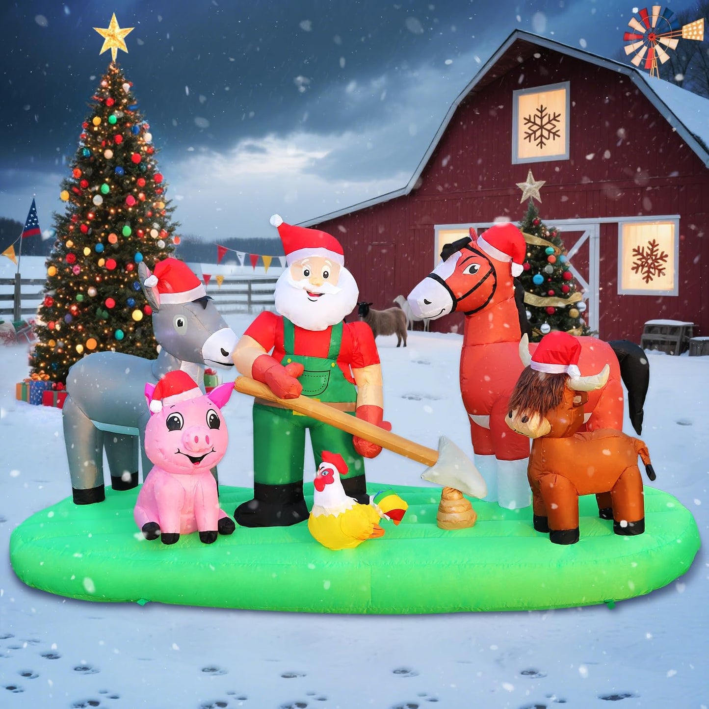 DomKom 7FT Christmas Inflatable Blow Up Decorations, Santa Claus Farm Scene with Highland Cow, Clydesdale Horse, Donkey, Rooster and Pig, Built-in LEDs for Party, Garden, Lawn, Yard, Patio Décor