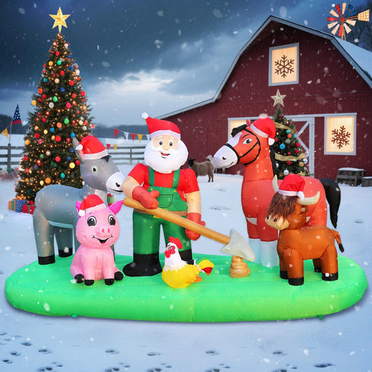 DomKom 7FT Christmas Inflatable Blow Up Decorations, Santa Claus Farm Scene with Highland Cow, Clydesdale Horse, Donkey, Rooster and Pig, Built-in LEDs for Party, Garden, Lawn, Yard, Patio Décor