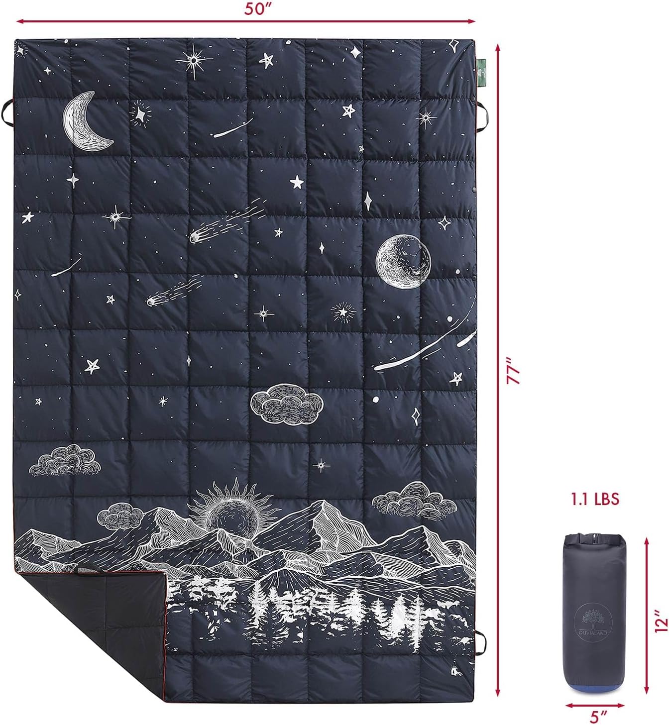 Down Camping Blanket, Ultralight Compact Packable Throw with Snaps for Outdoor Indoor, Travel Stadium Concert Picnic Beach, Puffy 650 Fill Down Water-Resistant Quilt (Midnight Sunrise)